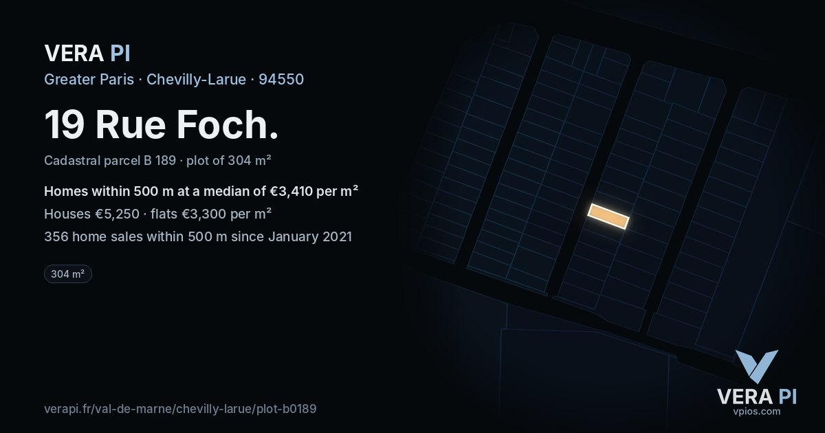 19 Rue Foch, Chevilly-Larue at night – the plot lit, the parcels around coloured by the prices near them