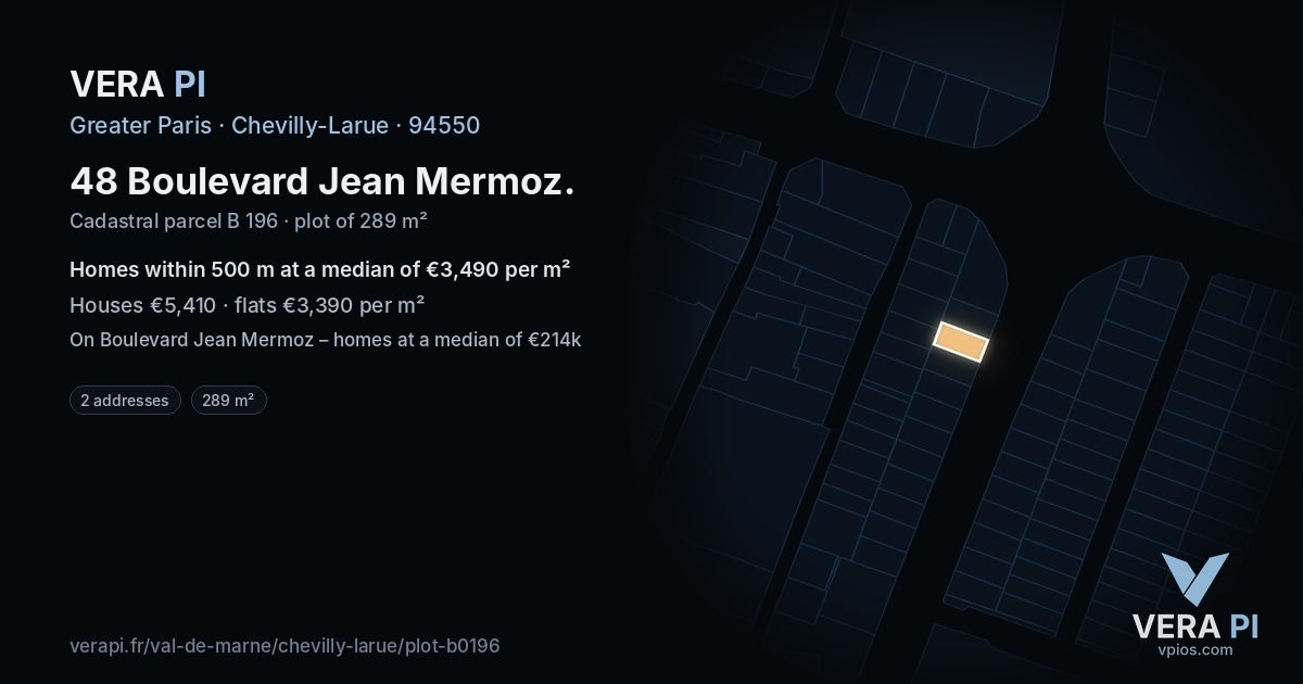 48 Boulevard Jean Mermoz, Chevilly-Larue at night – the plot lit, the parcels around coloured by the prices near them