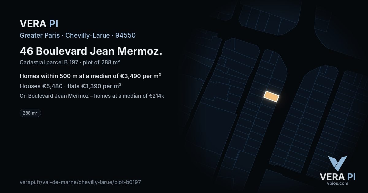 46 Boulevard Jean Mermoz, Chevilly-Larue at night – the plot lit, the parcels around coloured by the prices near them