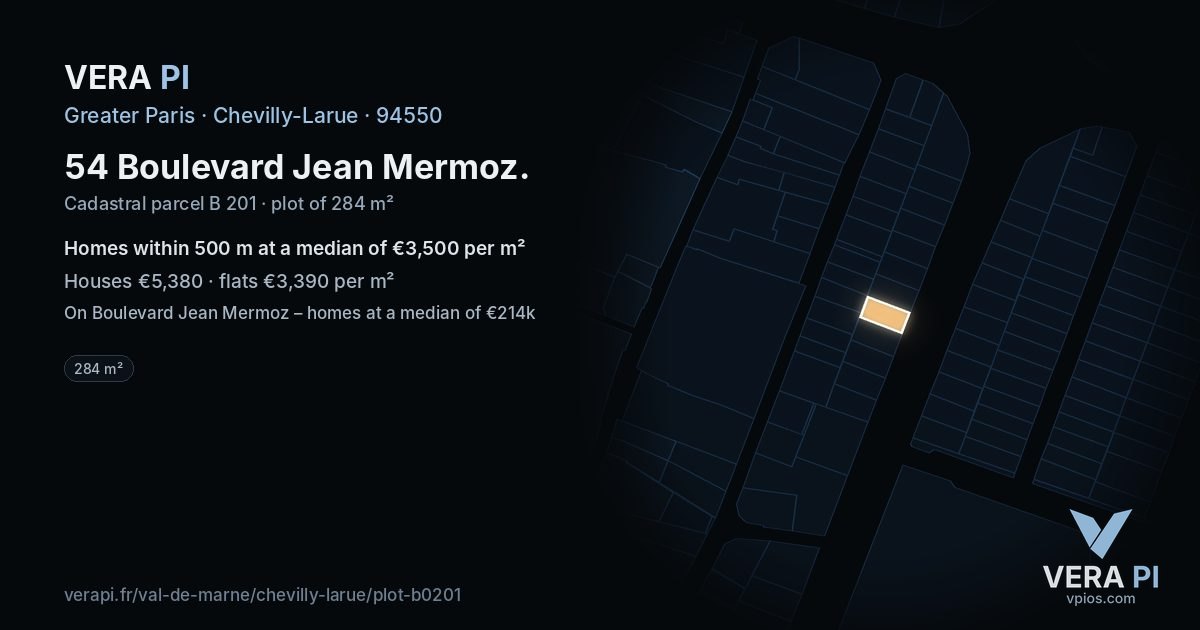 54 Boulevard Jean Mermoz, Chevilly-Larue at night – the plot lit, the parcels around coloured by the prices near them