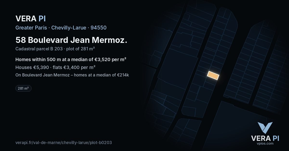 58 Boulevard Jean Mermoz, Chevilly-Larue at night – the plot lit, the parcels around coloured by the prices near them