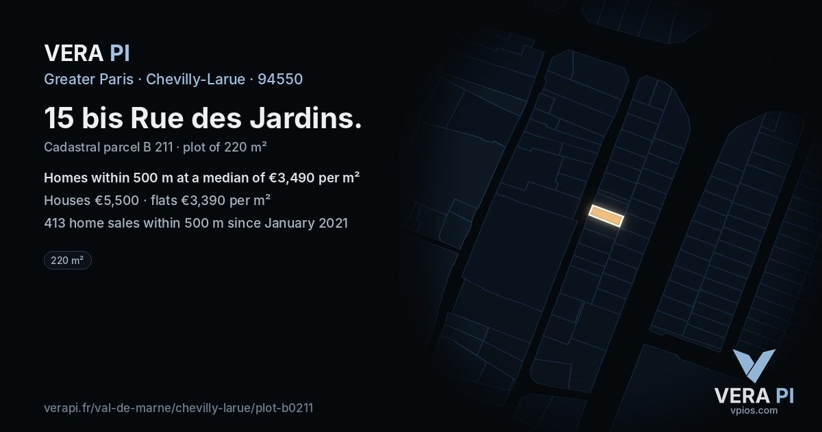 15 bis Rue des Jardins, Chevilly-Larue at night – the plot lit, the parcels around coloured by the prices near them