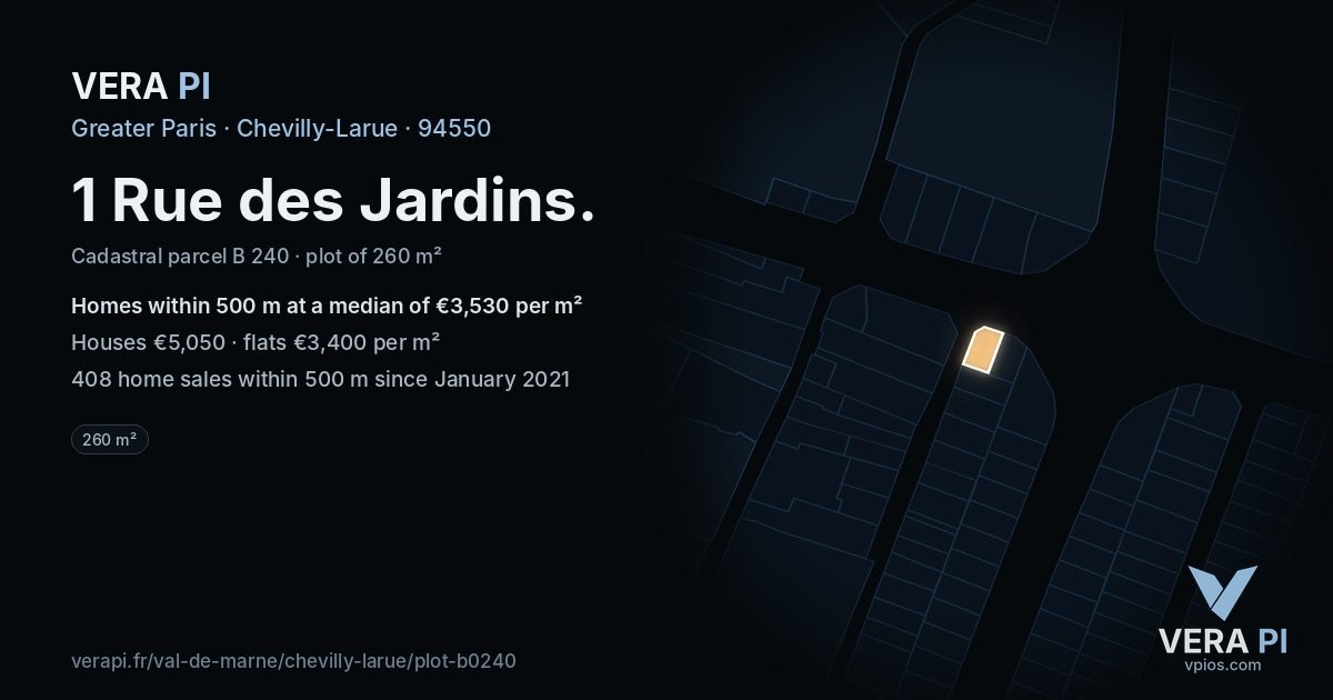 1 Rue des Jardins, Chevilly-Larue at night – the plot lit, the parcels around coloured by the prices near them