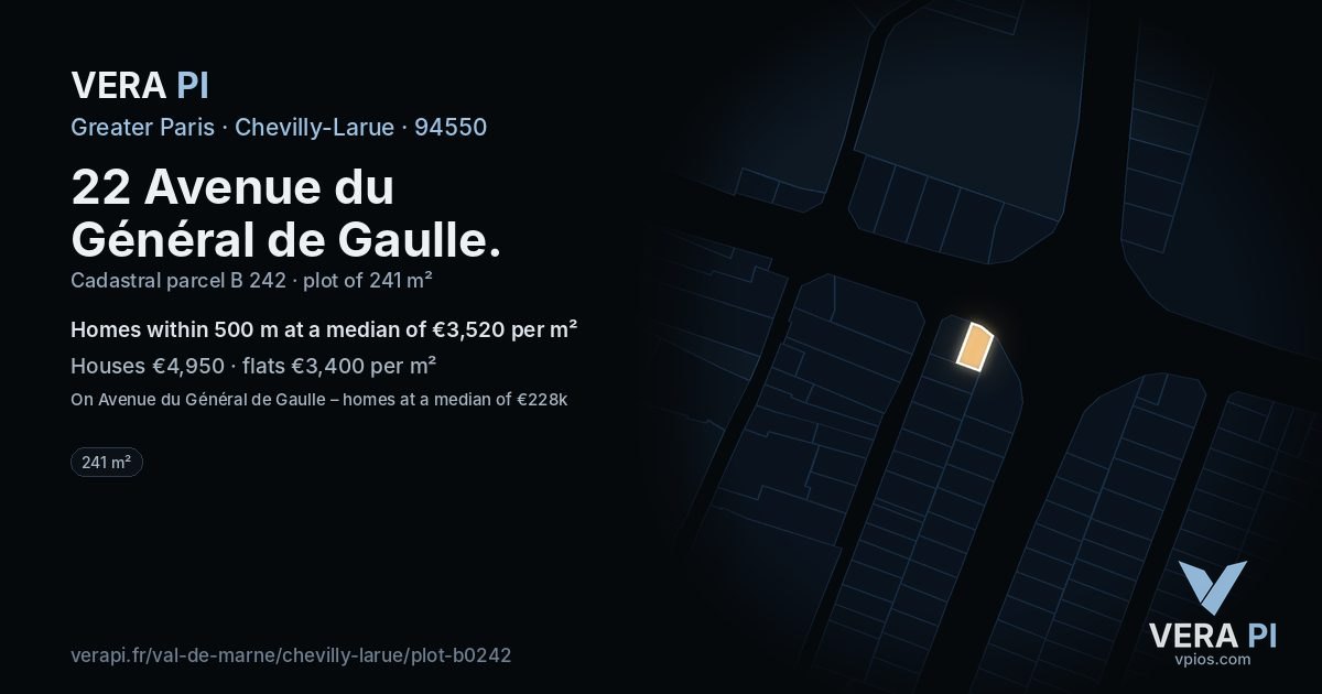 22 Avenue du Général de Gaulle, Chevilly-Larue at night – the plot lit, the parcels around coloured by the prices near them