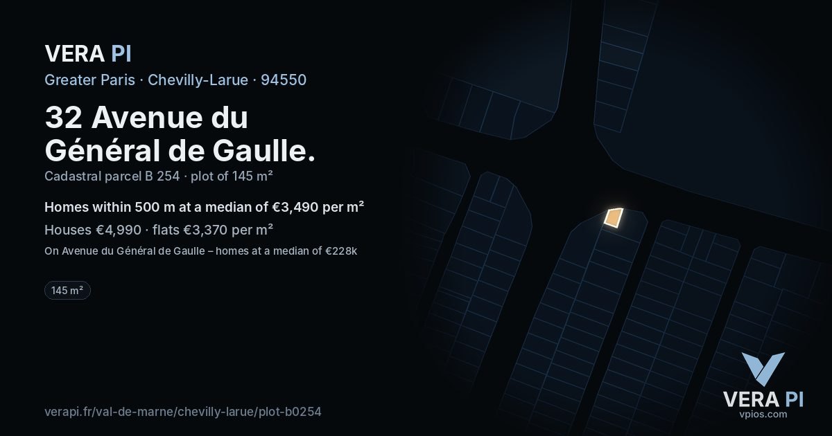 32 Avenue du Général de Gaulle, Chevilly-Larue at night – the plot lit, the parcels around coloured by the prices near them