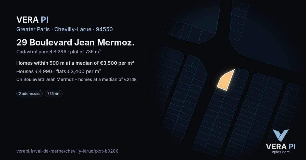 29 Boulevard Jean Mermoz, Chevilly-Larue at night – the plot lit, the parcels around coloured by the prices near them