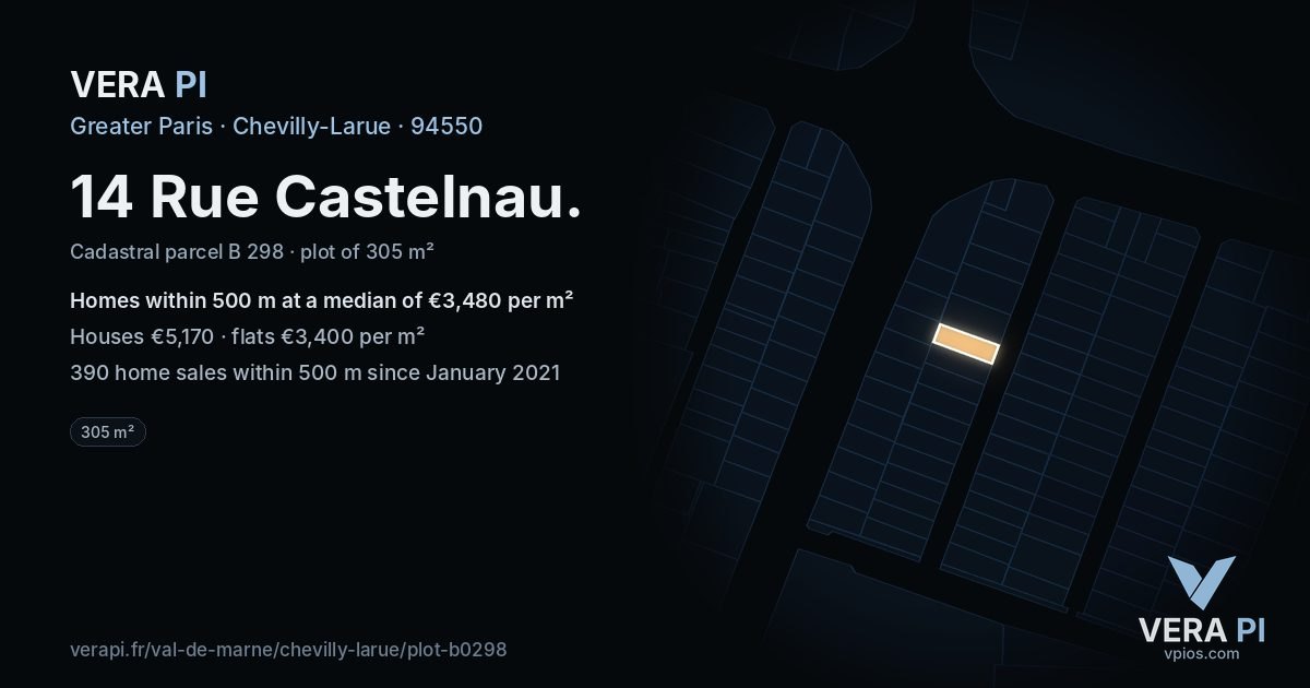 14 Rue Castelnau, Chevilly-Larue at night – the plot lit, the parcels around coloured by the prices near them