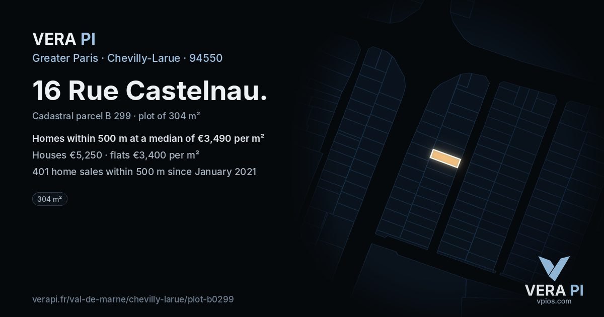 16 Rue Castelnau, Chevilly-Larue at night – the plot lit, the parcels around coloured by the prices near them