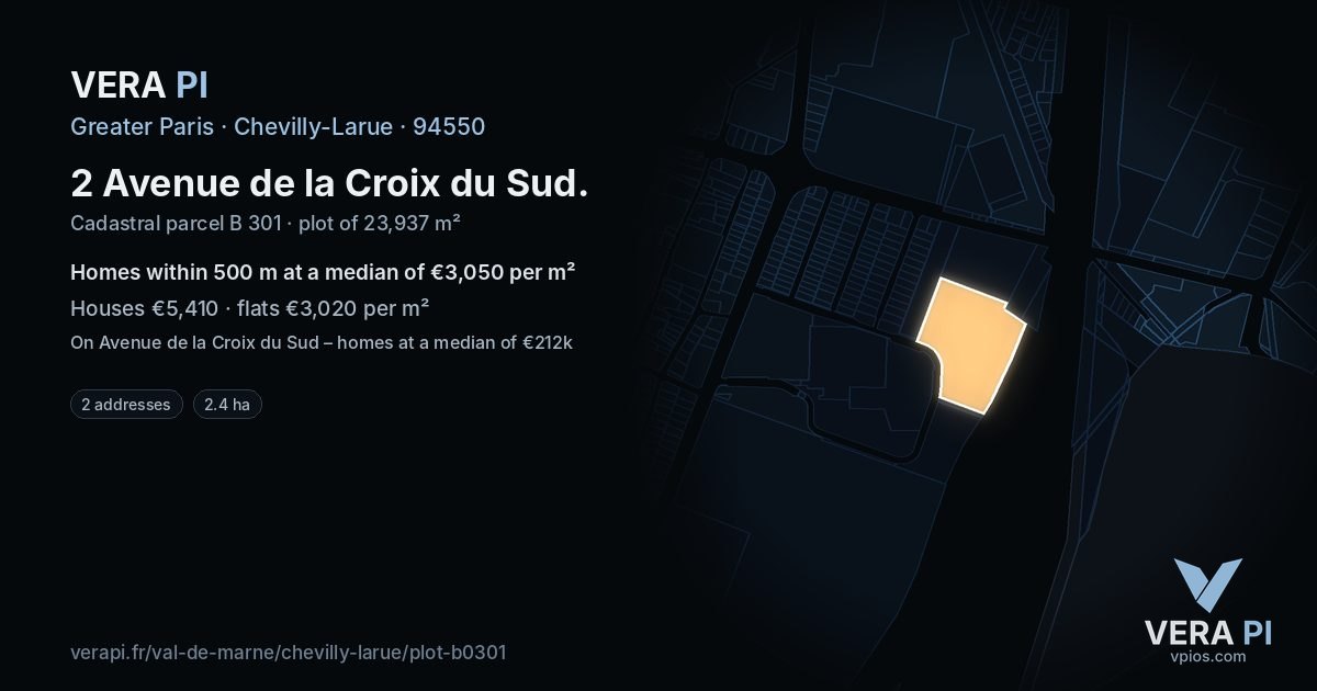 2 Avenue de la Croix du Sud, Chevilly-Larue at night – the plot lit, the parcels around coloured by the prices near them