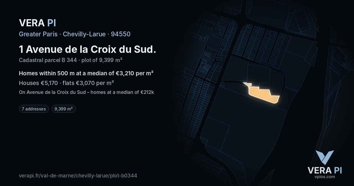 1 Avenue de la Croix du Sud, Chevilly-Larue at night – the plot lit, the parcels around coloured by the prices near them