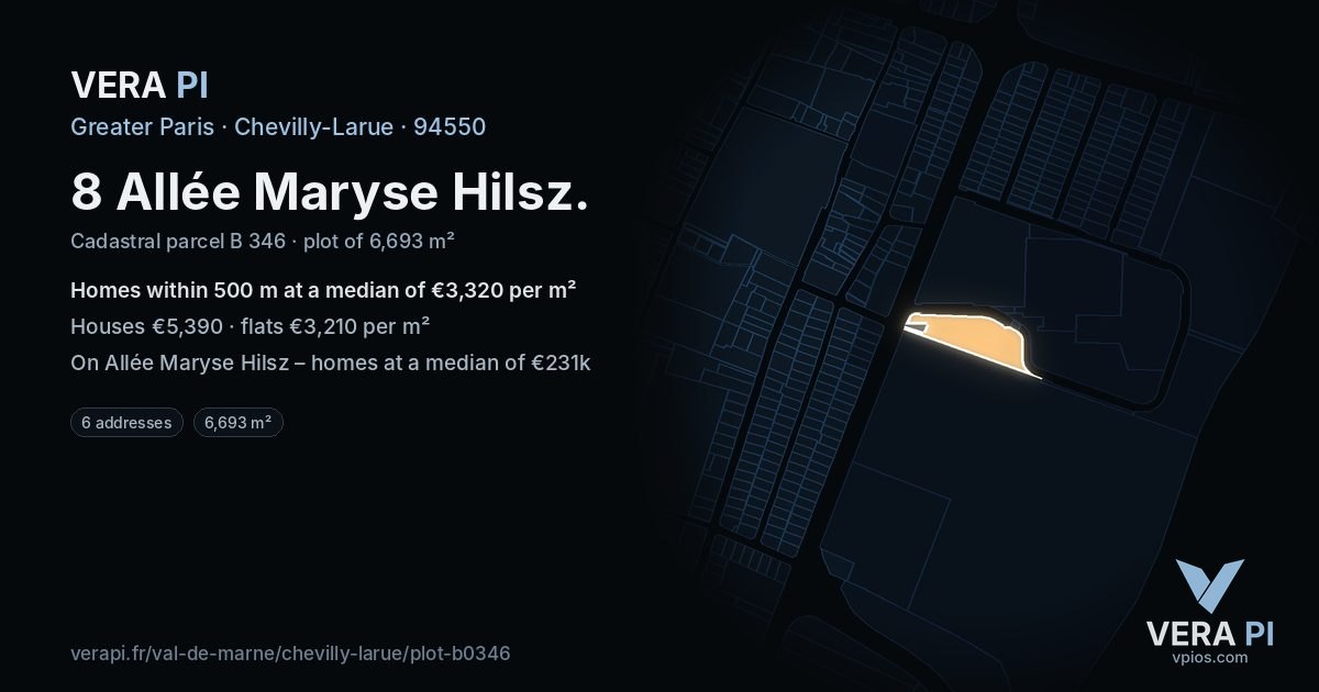 8 Allée Maryse Hilsz, Chevilly-Larue at night – the plot lit, the parcels around coloured by the prices near them