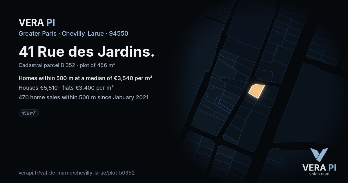 41 Rue des Jardins, Chevilly-Larue at night – the plot lit, the parcels around coloured by the prices near them