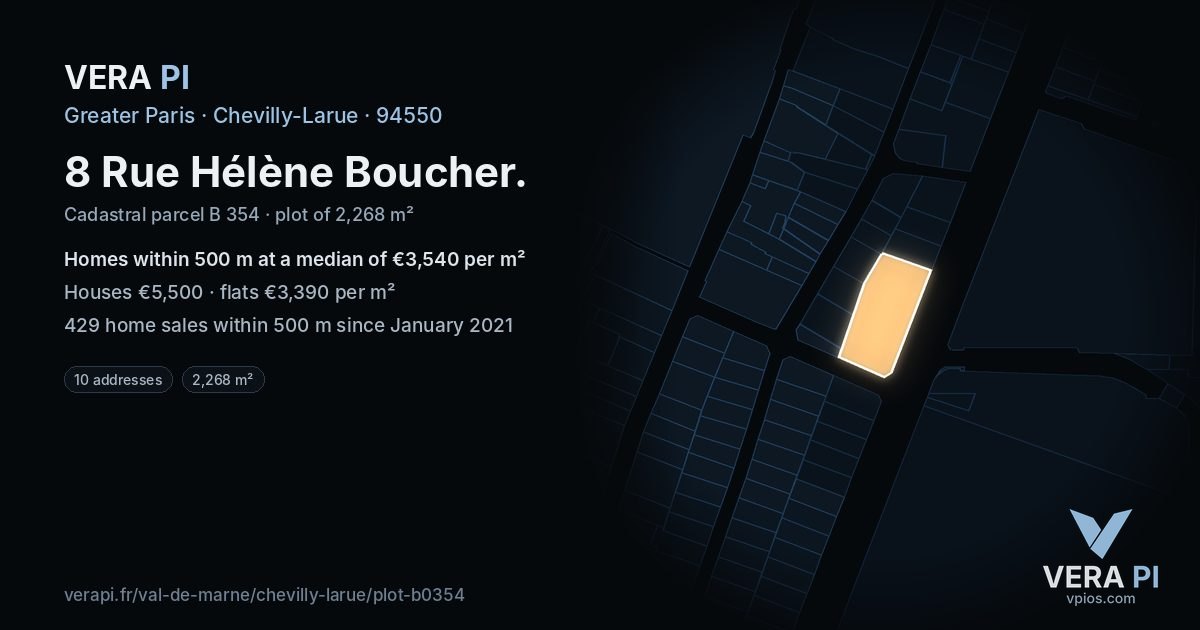 8 Rue Hélène Boucher, Chevilly-Larue at night – the plot lit, the parcels around coloured by the prices near them