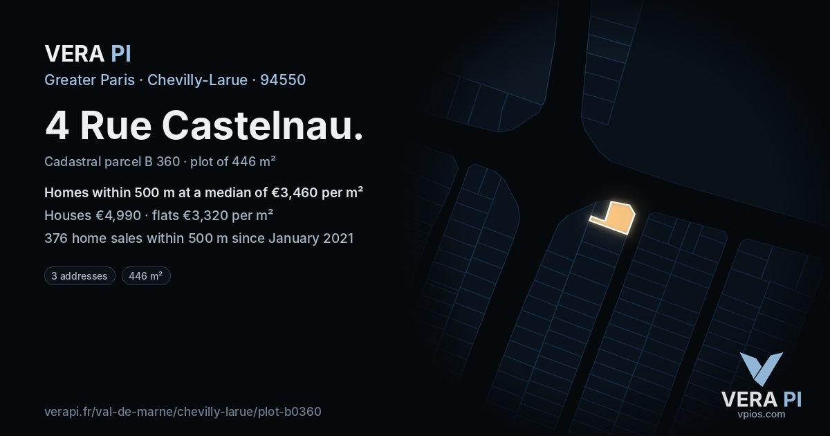 4 Rue Castelnau, Chevilly-Larue at night – the plot lit, the parcels around coloured by the prices near them