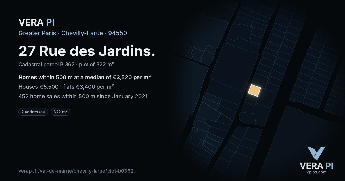 27 Rue des Jardins, Chevilly-Larue at night – the plot lit, the parcels around coloured by the prices near them
