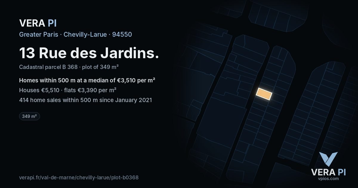 13 Rue des Jardins, Chevilly-Larue at night – the plot lit, the parcels around coloured by the prices near them
