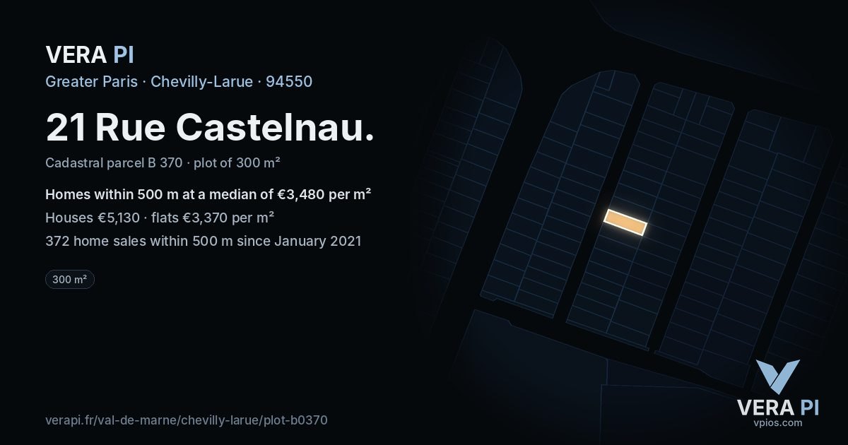 21 Rue Castelnau, Chevilly-Larue at night – the plot lit, the parcels around coloured by the prices near them
