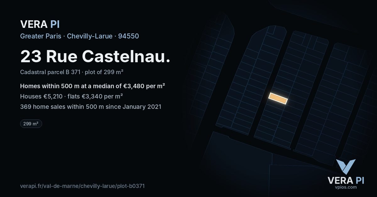 23 Rue Castelnau, Chevilly-Larue at night – the plot lit, the parcels around coloured by the prices near them