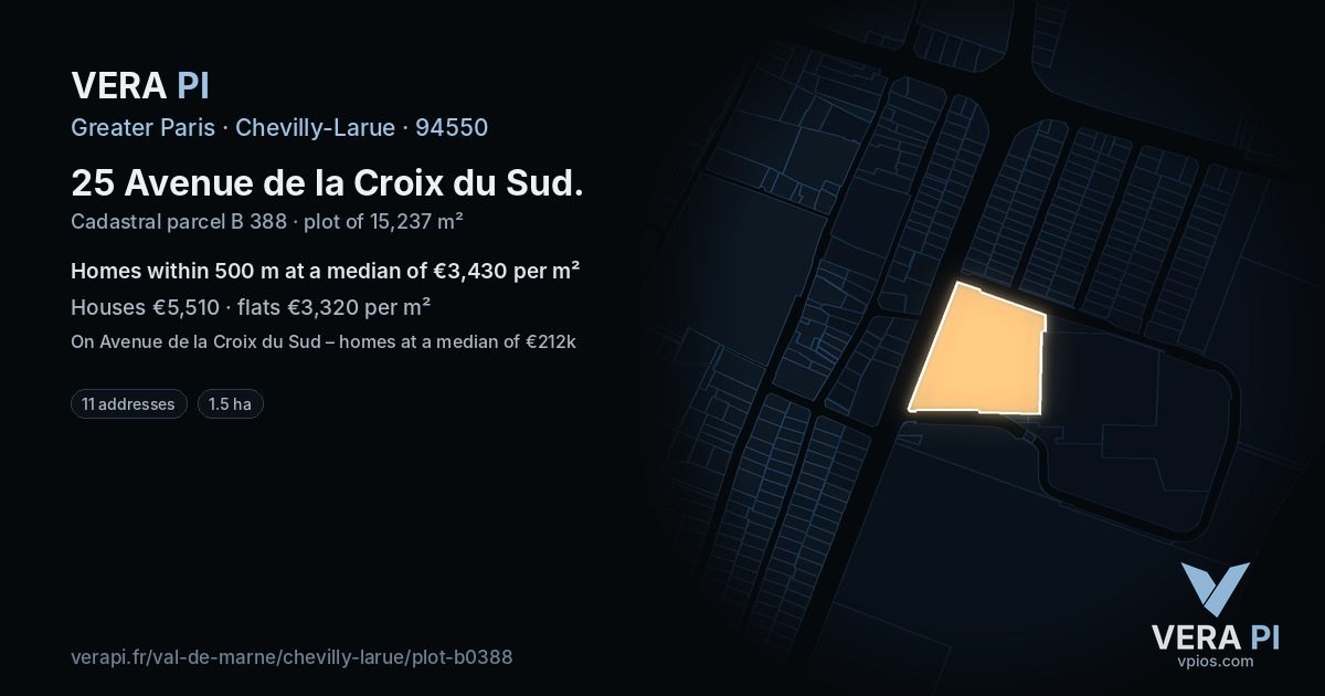 25 Avenue de la Croix du Sud, Chevilly-Larue at night – the plot lit, the parcels around coloured by the prices near them