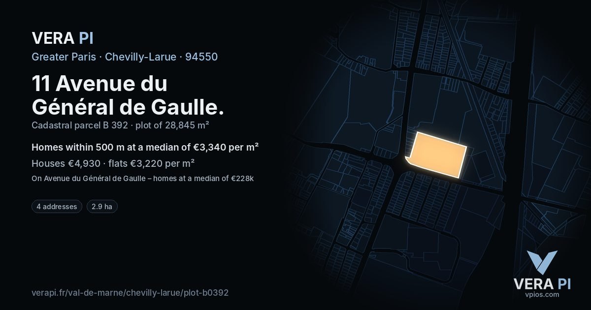 11 Avenue du Général de Gaulle, Chevilly-Larue at night – the plot lit, the parcels around coloured by the prices near them