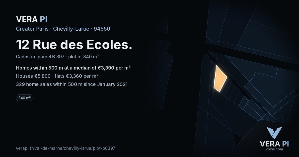 12 Rue des Ecoles, Chevilly-Larue at night – the plot lit, the parcels around coloured by the prices near them
