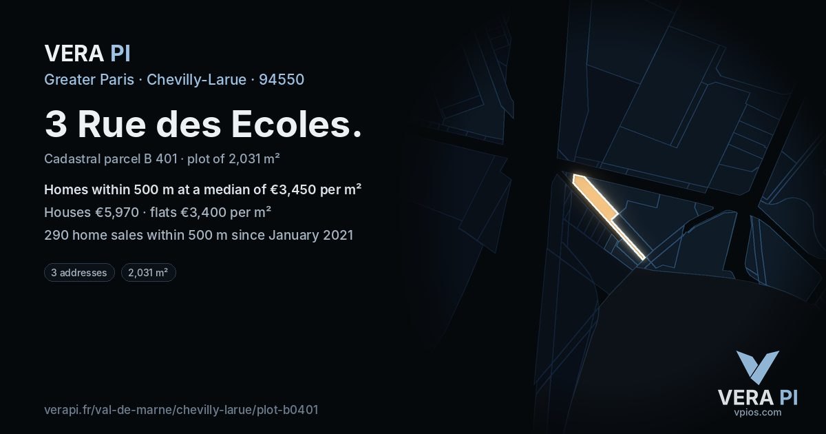 3 Rue des Ecoles, Chevilly-Larue at night – the plot lit, the parcels around coloured by the prices near them