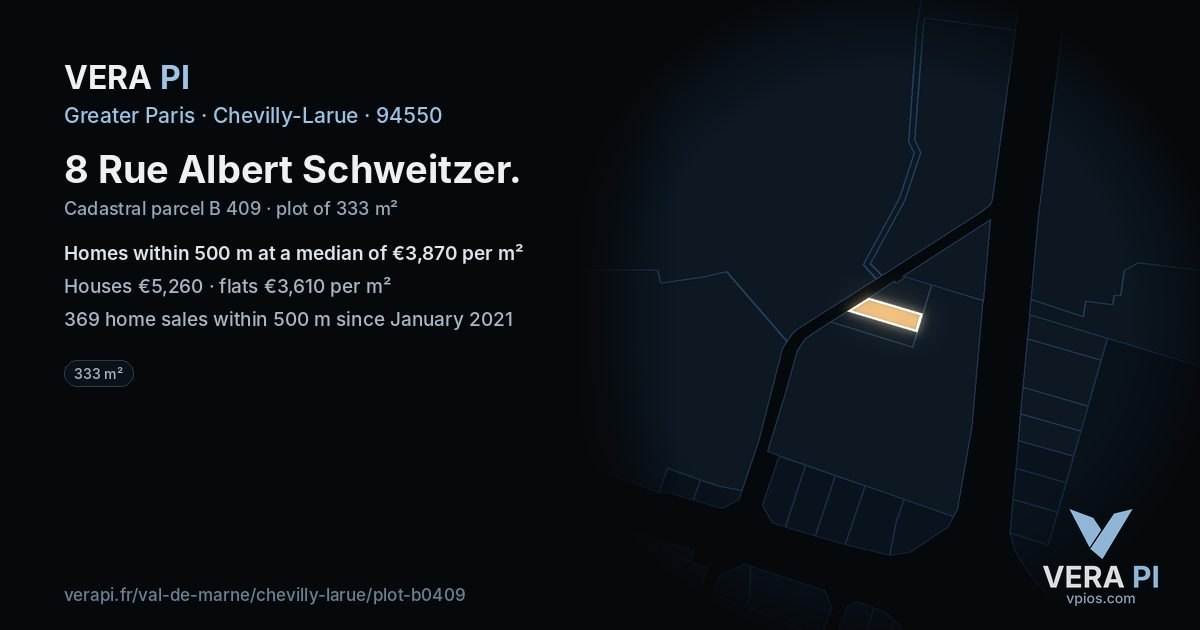 8 Rue Albert Schweitzer, Chevilly-Larue at night – the plot lit, the parcels around coloured by the prices near them