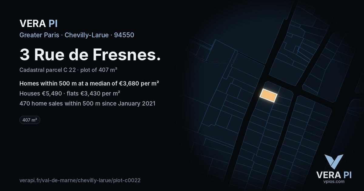 3 Rue de Fresnes, Chevilly-Larue at night – the plot lit, the parcels around coloured by the prices near them