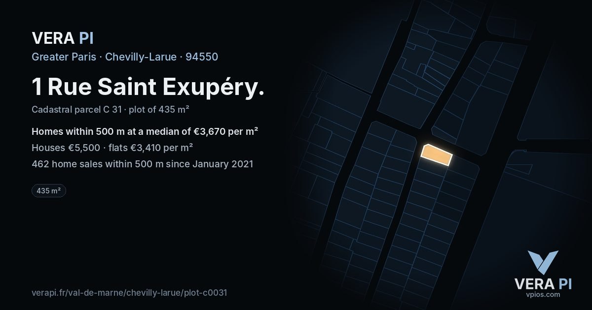 1 Rue Saint Exupéry, Chevilly-Larue at night – the plot lit, the parcels around coloured by the prices near them