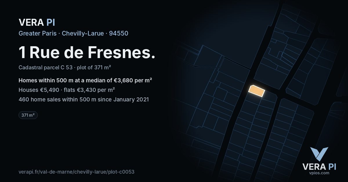 1 Rue de Fresnes, Chevilly-Larue at night – the plot lit, the parcels around coloured by the prices near them