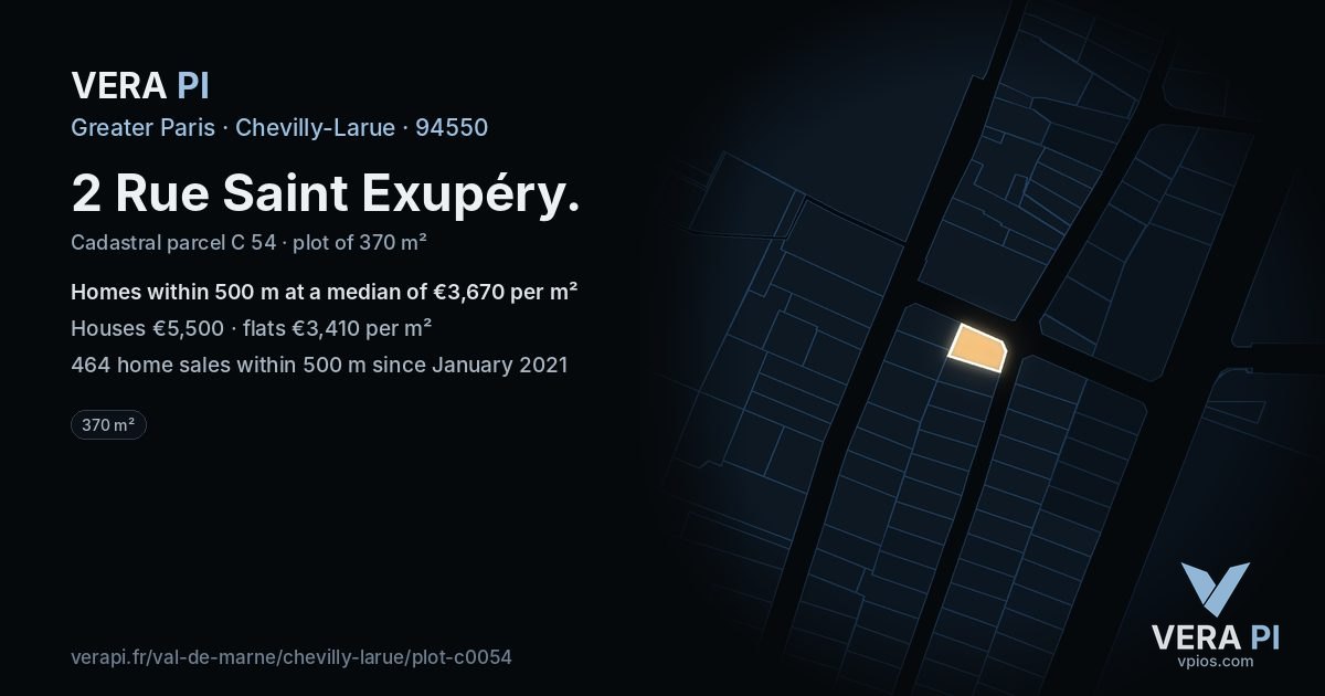 2 Rue Saint Exupéry, Chevilly-Larue at night – the plot lit, the parcels around coloured by the prices near them