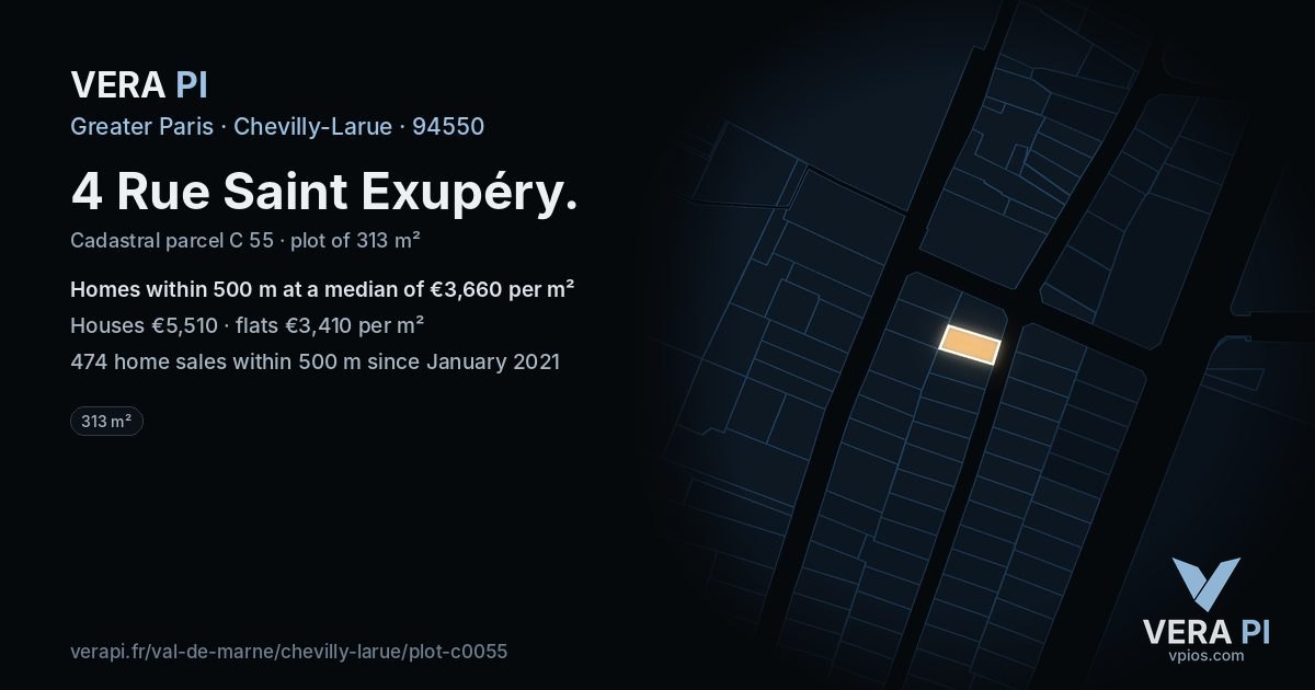 4 Rue Saint Exupéry, Chevilly-Larue at night – the plot lit, the parcels around coloured by the prices near them