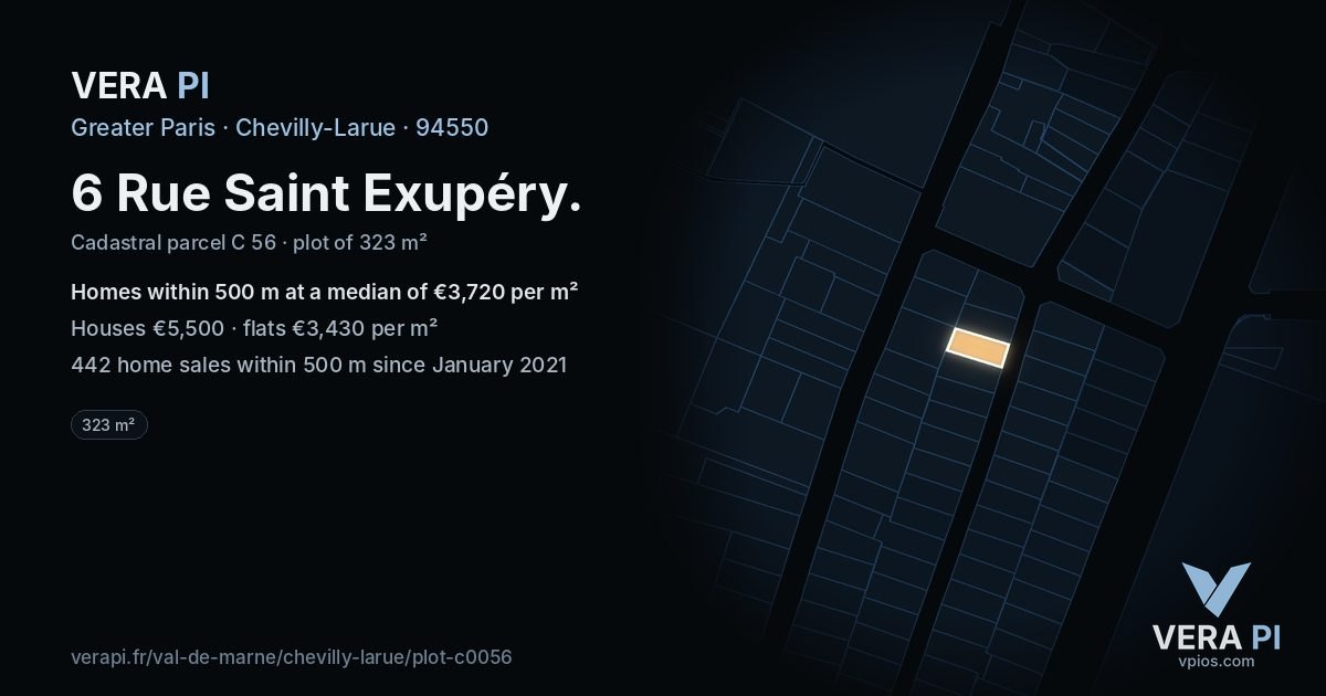 6 Rue Saint Exupéry, Chevilly-Larue at night – the plot lit, the parcels around coloured by the prices near them