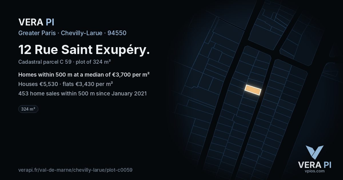 12 Rue Saint Exupéry, Chevilly-Larue at night – the plot lit, the parcels around coloured by the prices near them