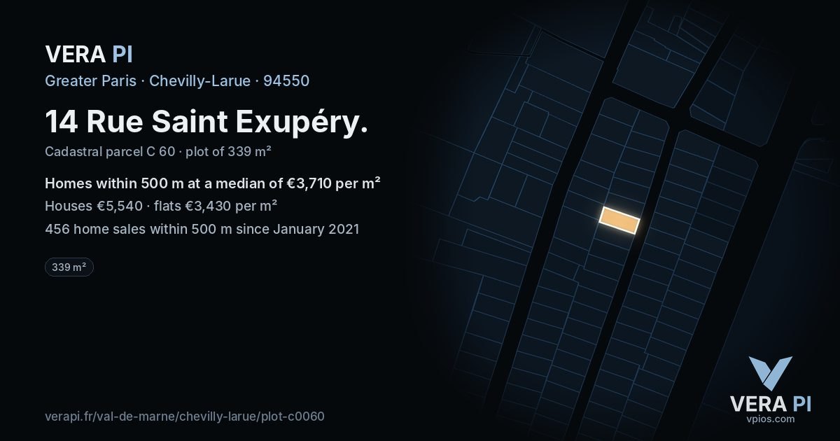 14 Rue Saint Exupéry, Chevilly-Larue at night – the plot lit, the parcels around coloured by the prices near them