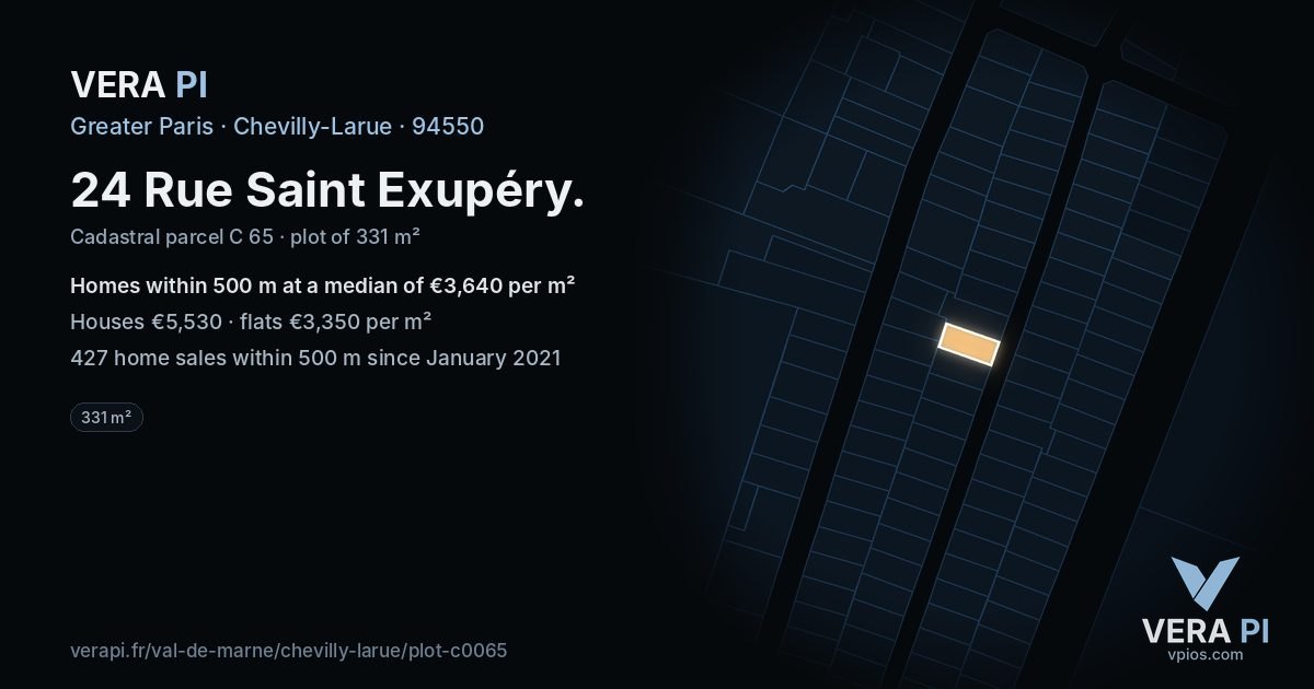 24 Rue Saint Exupéry, Chevilly-Larue at night – the plot lit, the parcels around coloured by the prices near them