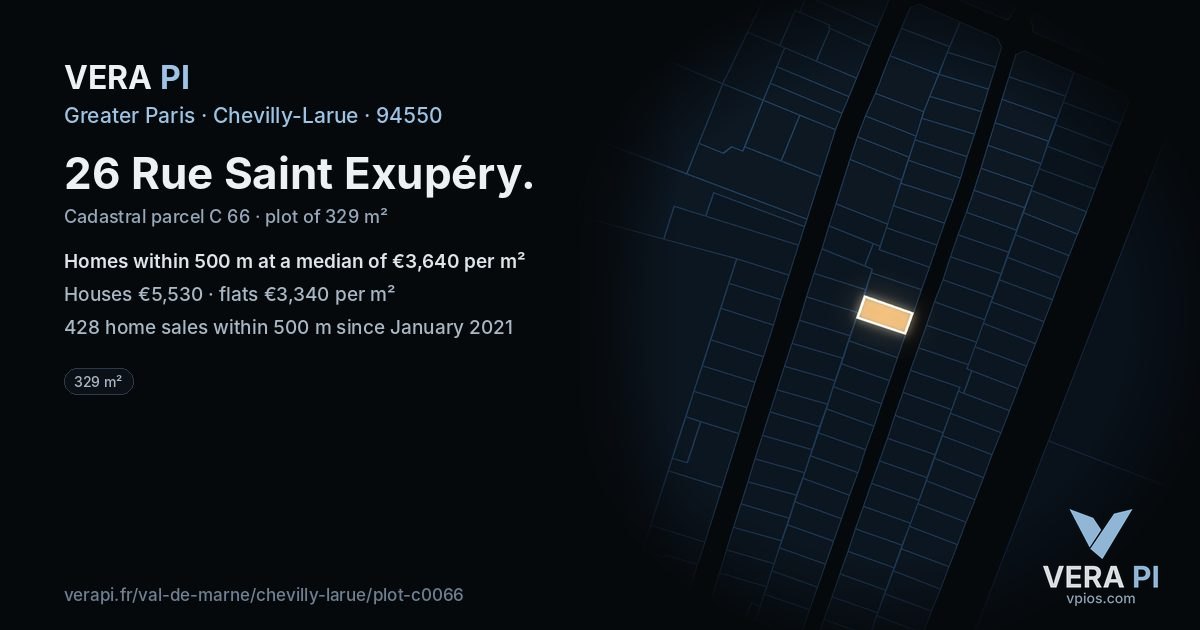 26 Rue Saint Exupéry, Chevilly-Larue at night – the plot lit, the parcels around coloured by the prices near them