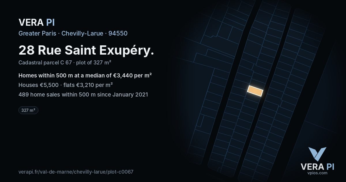 28 Rue Saint Exupéry, Chevilly-Larue at night – the plot lit, the parcels around coloured by the prices near them