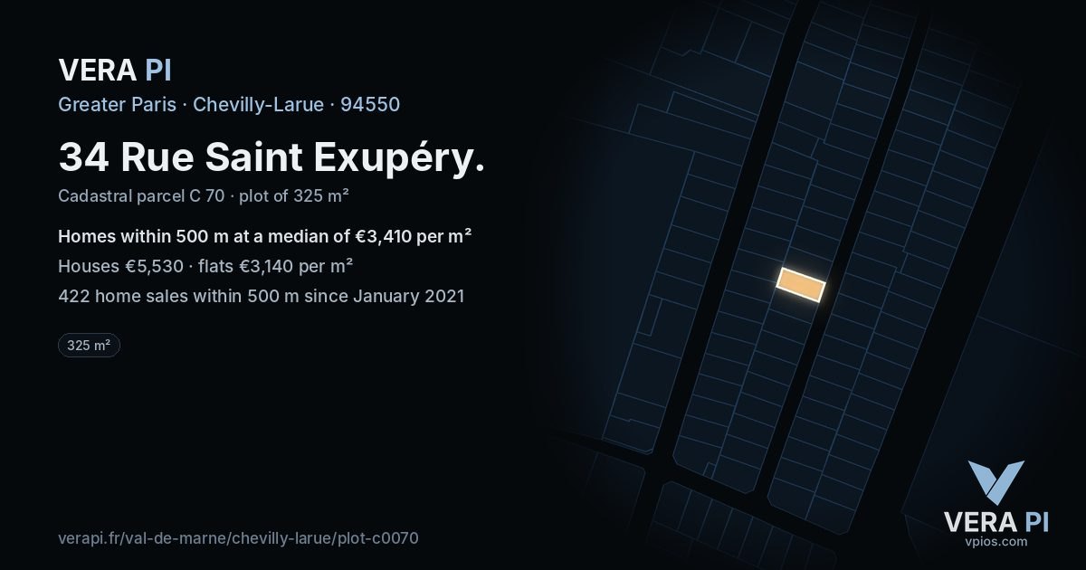 34 Rue Saint Exupéry, Chevilly-Larue at night – the plot lit, the parcels around coloured by the prices near them
