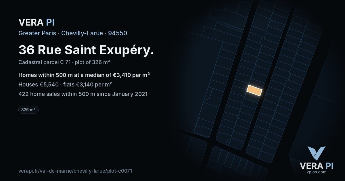 36 Rue Saint Exupéry, Chevilly-Larue at night – the plot lit, the parcels around coloured by the prices near them