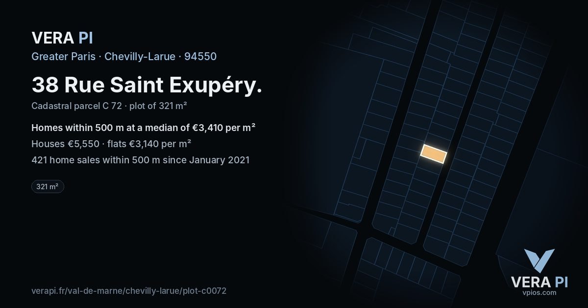 38 Rue Saint Exupéry, Chevilly-Larue at night – the plot lit, the parcels around coloured by the prices near them
