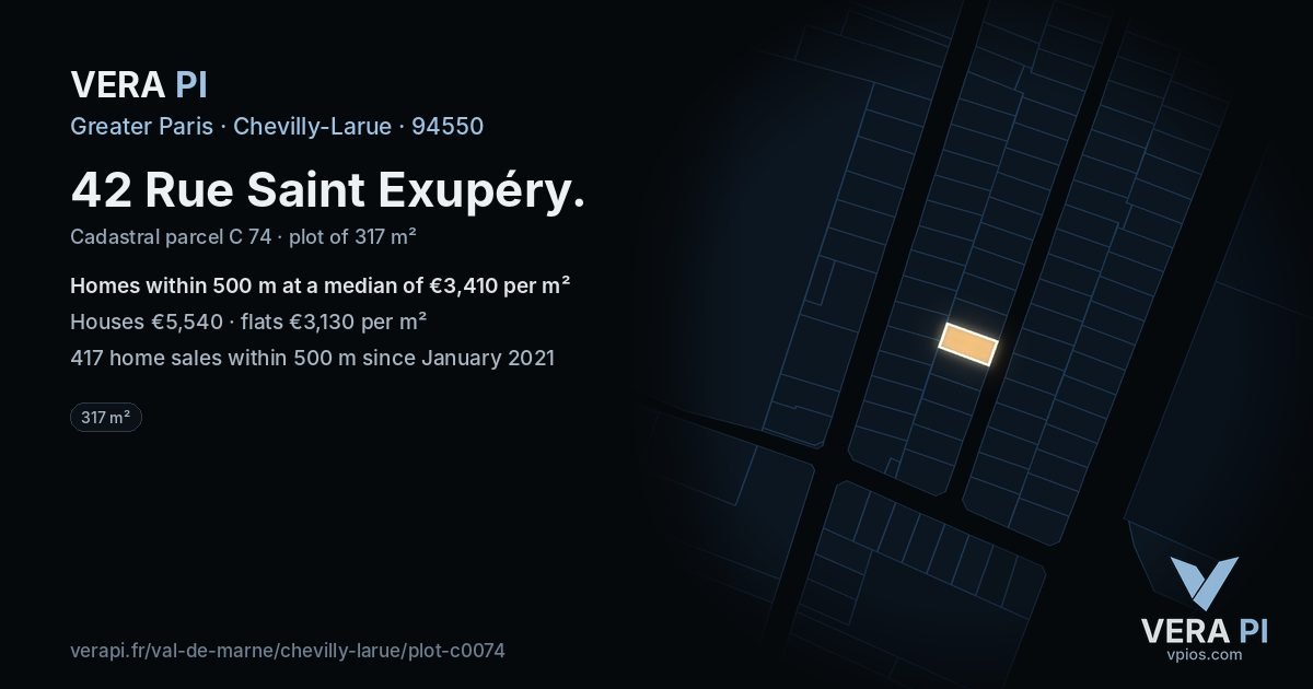 42 Rue Saint Exupéry, Chevilly-Larue at night – the plot lit, the parcels around coloured by the prices near them