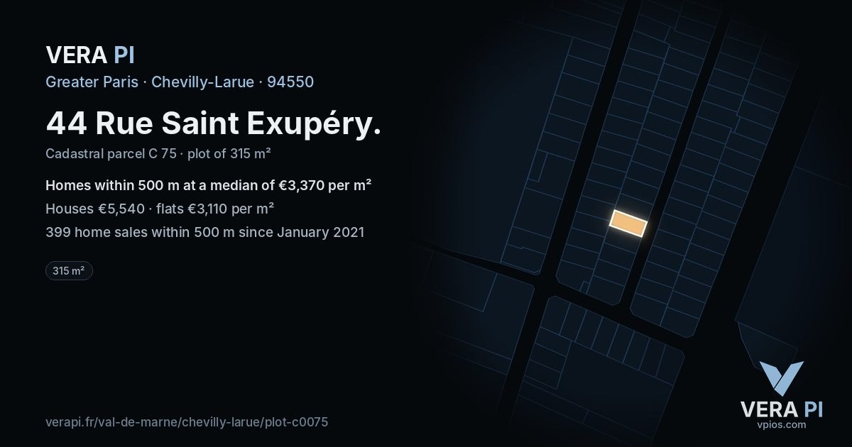 44 Rue Saint Exupéry, Chevilly-Larue at night – the plot lit, the parcels around coloured by the prices near them