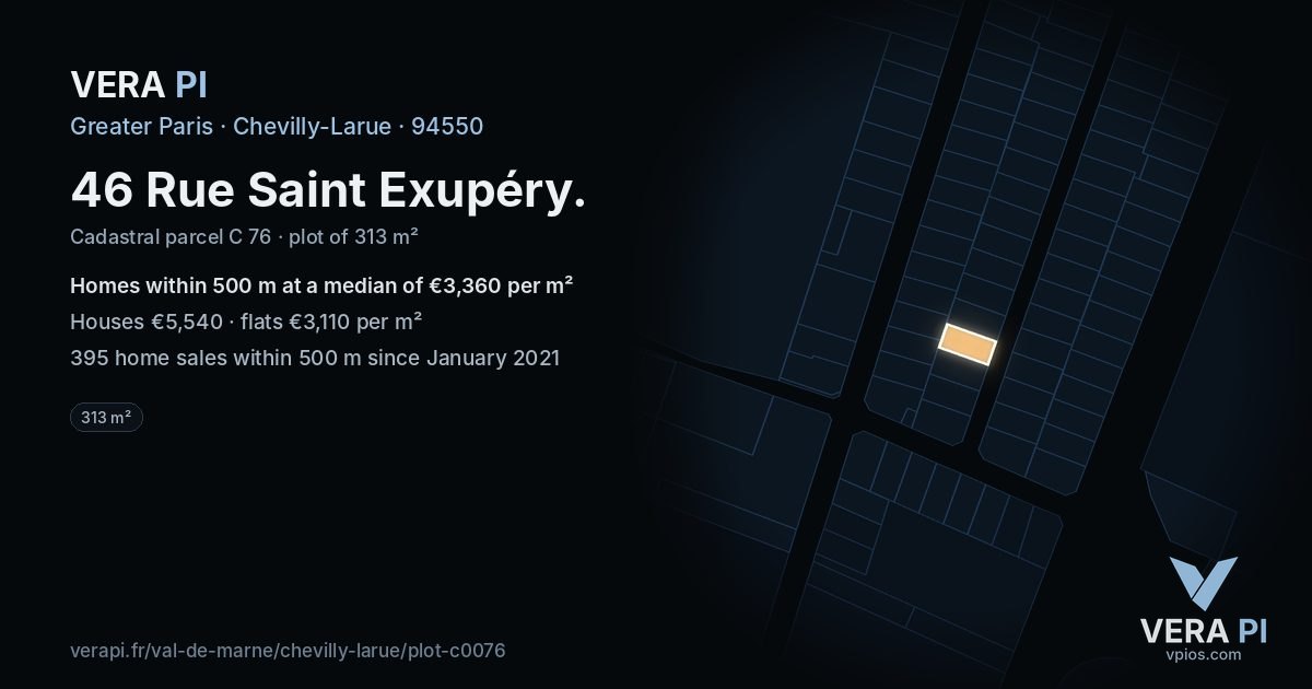 46 Rue Saint Exupéry, Chevilly-Larue at night – the plot lit, the parcels around coloured by the prices near them