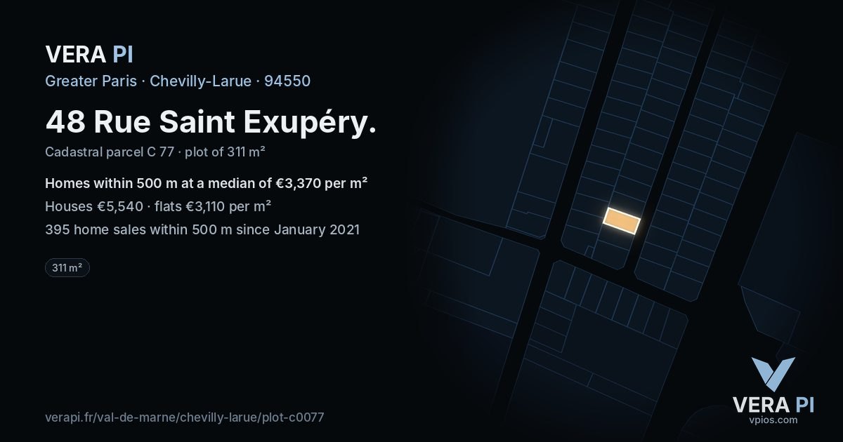 48 Rue Saint Exupéry, Chevilly-Larue at night – the plot lit, the parcels around coloured by the prices near them