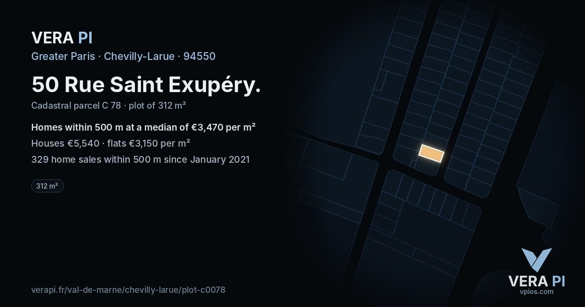 50 Rue Saint Exupéry, Chevilly-Larue at night – the plot lit, the parcels around coloured by the prices near them