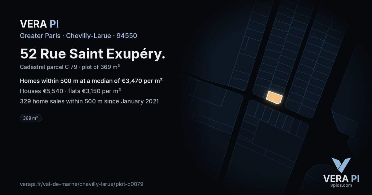 52 Rue Saint Exupéry, Chevilly-Larue at night – the plot lit, the parcels around coloured by the prices near them