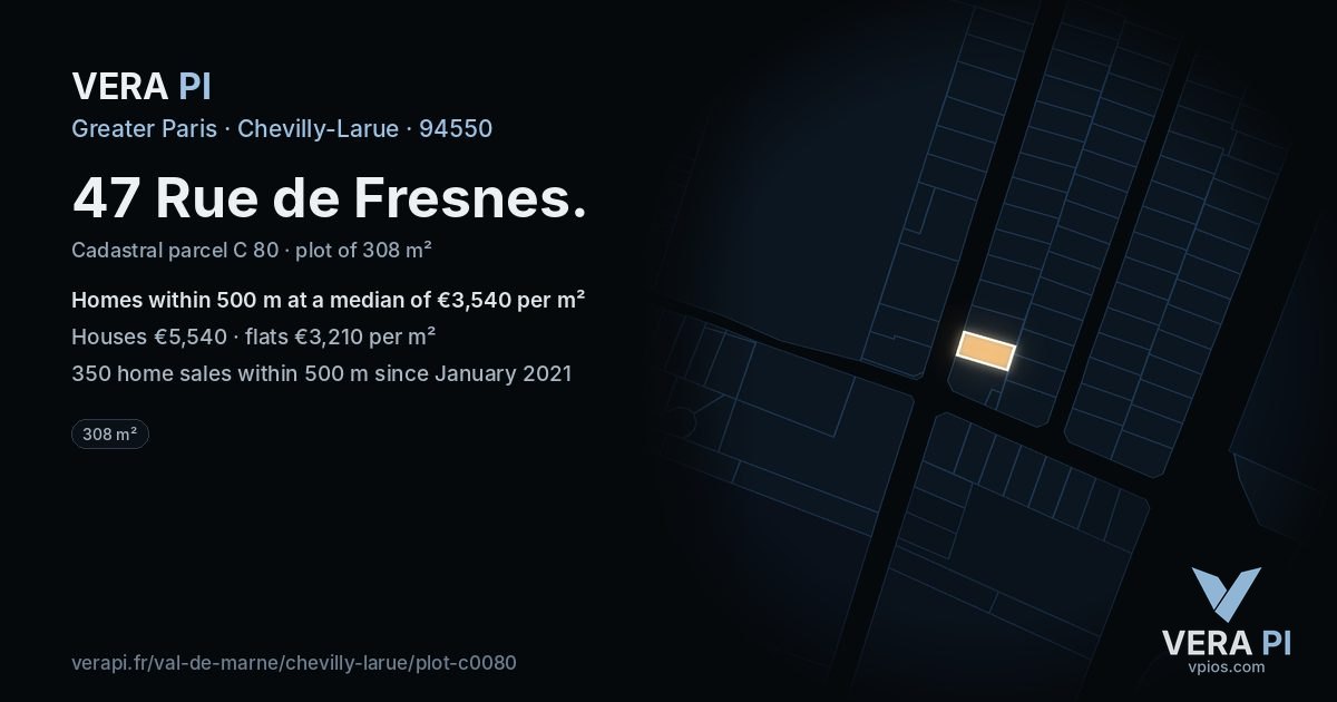 47 Rue de Fresnes, Chevilly-Larue at night – the plot lit, the parcels around coloured by the prices near them