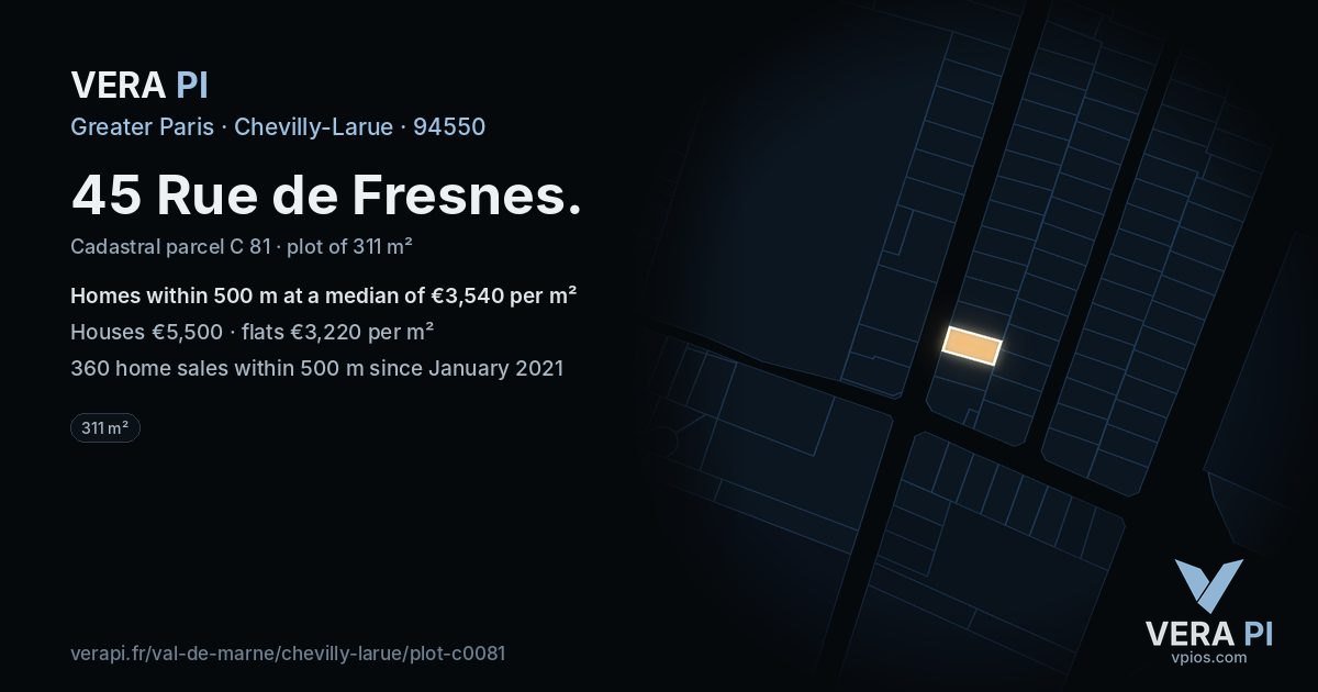 45 Rue de Fresnes, Chevilly-Larue at night – the plot lit, the parcels around coloured by the prices near them
