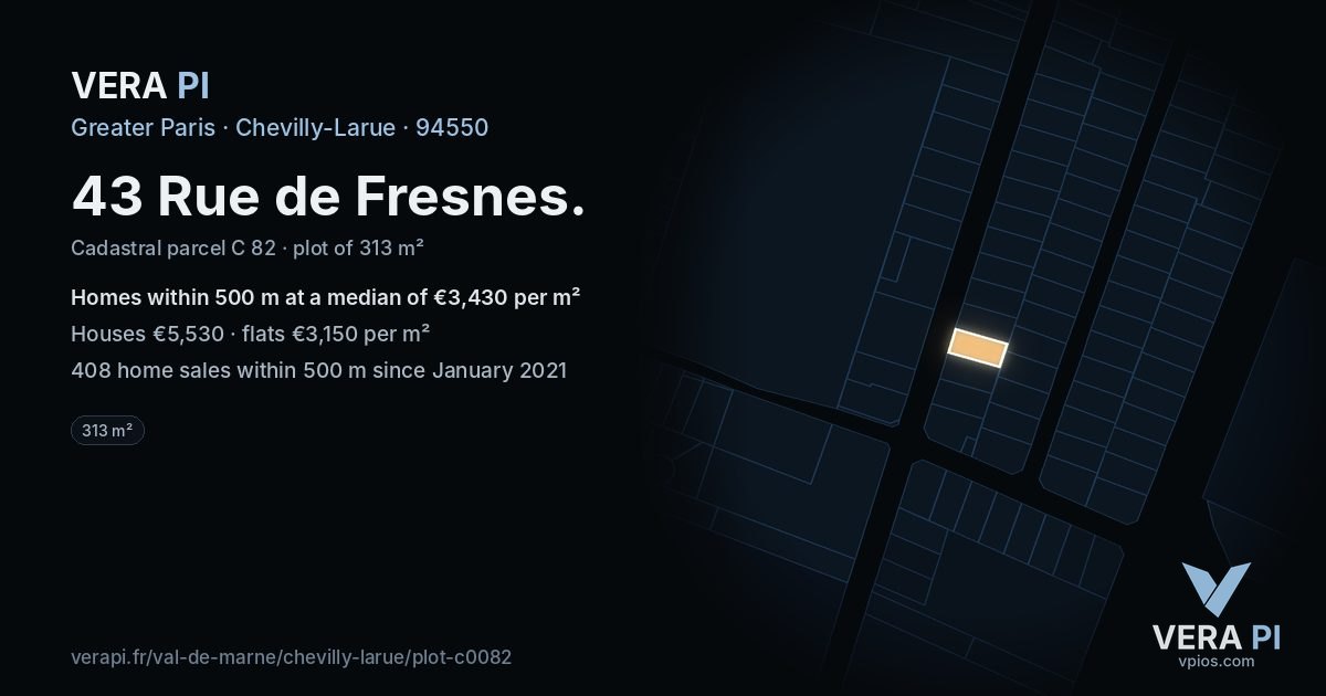 43 Rue de Fresnes, Chevilly-Larue at night – the plot lit, the parcels around coloured by the prices near them